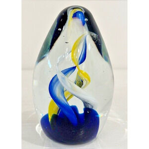 Art Glass Display Egg Paperweight Clear Blue Yellow White Swirls